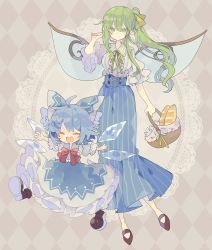 Rule 34 | 2girls, adapted costume, argyle, argyle background, argyle clothes, black footwear, blue bow, blue dress, blue hair, blue skirt, blush, bow, cirno, closed eyes, closed mouth, collared shirt, daiyousei, detached wings, dress, fairy, fairy wings, full body, green eyes, green hair, hair between eyes, hair bow, highres, ice, ice wings, long hair, multiple girls, nikorashi-ka, open mouth, pointy ears, shirt, shoes, short hair, short sleeves, side ponytail, skirt, smile, teeth, touhou, upper teeth only, white shirt, wings