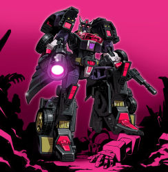 Rule 34 | 1boy, deadlock, decepticon, drift (transformers), full body, glowing, glowing eyes, glowing weapon, gun, holding, holding weapon, insignia, looking at viewer, machine, machinery, mecha, multiple boys, no humans, personification, purple background, red eyes, robot, solo focus, standing, the transformers (idw), transformers, weapon, zuma (zuma yskn)