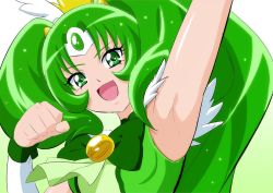 Rule 34 | 1girl, :d, arm up, armpits, circlet, cure march, detached sleeves, eyelashes, fuchi (nightmare), gradient background, green background, green eyes, green hair, green neckwear, green theme, green vest, hair between eyes, hair intakes, long hair, looking at viewer, open mouth, precure, shiny skin, smile, smile precure!, solo, upper body, very long hair, vest, white background, white sleeves