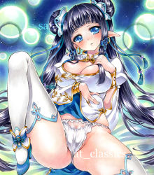 Rule 34 | 1girl, artist name, at classics, blue eyes, blue hair, breasts, cleavage, cleavage cutout, clothing cutout, double bun, earrings, hair bun, jewelry, large breasts, leg up, legs, long hair, looking at viewer, matching hair/eyes, original, panties, pointy ears, sample watermark, solo, thighhighs, thighs, underwear, watermark, white panties, white thighhighs