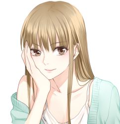 Rule 34 | 1girl, aqua cardigan, blue cardigan, breasts, brown eyes, cardigan, chimachi, cleavage, cola, head rest, light brown hair, looking at viewer, open cardigan, open clothes, original, ponytail, shirt, sleeveless, sleeveless shirt, small breasts, smile, solo, white background, white shirt