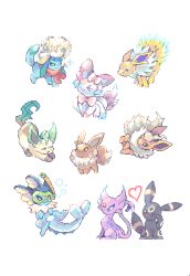 &gt;_o :3 bow bubble cat_stretch commentary creatures_(company) eevee electricity english_commentary espeon fins flareon forehead_jewel game_freak gem gen_1_pokemon gen_2_pokemon gen_4_pokemon gen_6_pokemon glaceon head_fins heart highres jolteon leafeon lying nintendo no_humans on_side one_eye_closed paw_up pixel_art pokemon pokemon_(creature) purple_eyes red_eyes red_gemstone red_scarf robin_(pixelated_robin) scarf snorkel sparkle stretching sylveon umbreon vaporeon white_background yawning