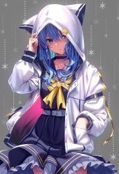 Rule 34 | 1girl, animal hood, arm strap, belt, blue choker, blue eyes, blue hair, blue shirt, blue skirt, blush, breasts, choker, closed mouth, commentary, cowboy shot, earrings, expressionless, frilled skirt, frills, grey background, grey belt, hair between eyes, hand in pocket, hololive, hood, hood up, hooded jacket, hoshimachi suisei, hoshimachi suisei (school uniform), jacket, jewelry, long hair, long sleeves, looking at viewer, official alternate costume, open clothes, open jacket, patterned background, piromizu, pleated skirt, ribbon, sailor collar, school uniform, serafuku, shirt, simple background, skirt, small breasts, solo, star (symbol), star in eye, symbol in eye, virtual youtuber, white jacket, yellow ribbon