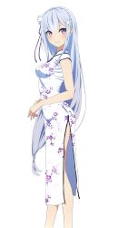 Rule 34 | 1girl, absurdres, bare arms, blunt bangs, blush, breasts, camui1104, china dress, chinese clothes, closed mouth, commentary, dress, emilia (re:zero), floral print, flower, from side, hair flower, hair ornament, hair over one eye, hair ribbon, highres, long hair, looking at viewer, low-tied long hair, medium breasts, pointy ears, print dress, purple eyes, purple ribbon, re:zero kara hajimeru isekai seikatsu, ribbon, side slit, silver hair, simple background, sleeveless, sleeveless dress, smile, solo, standing, very long hair, white background, white dress, white flower