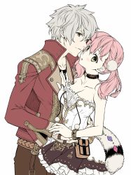 Rule 34 | 1boy, 1girl, :o, atelier (series), atelier escha &amp; logy, bare shoulders, black choker, black skirt, blush, breasts, brown pants, choker, cleavage, commentary request, couple, dress, escha malier, frilled skirt, frills, gem, green eyes, grey hair, hand on another&#039;s chest, hetero, imminent kiss, jacket, jewelry, logix ficsario, long hair, looking at viewer, medium breasts, neck, necklace, pants, pink hair, pom pom (clothes), red jacket, short hair, skirt, standing, strapless, strapless dress, white dress, yuuki mitsuru