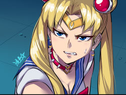 Rule 34 | 1girl, bishoujo senshi sailor moon, blonde hair, blue eyes, blue sailor collar, breasts, choker, circlet, cleavage, close-up, collar, commentary, crescent, crescent earrings, derivative work, earrings, english commentary, grimace, hair ornament, heart, heart choker, jewelry, long hair, looking to the side, meme, red choker, ryuusei (mark ii), sailor collar, sailor moon, sailor moon redraw challenge (meme), sailor senshi, sailor senshi uniform, screenshot redraw, signature, sleeveless, solo, spiked collar, spikes, sweatdrop, tsukino usagi, twintails