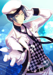 Rule 34 | 1boy, bad id, bad pixiv id, belt, blue eyes, blue hair, checkered clothes, closed mouth, earrings, gloves, hat, idolish7, izumi iori, jacket, jewelry, light smile, long sleeves, male focus, necktie, outstretched hand, pants, rei no.2, single earring, solo, white gloves, white hat, white jacket, white pants