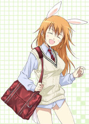 Rule 34 | 00s, 1girl, agahari, alternate costume, animal ears, bag, charlotte e. yeager, closed eyes, dress shirt, laughing, long hair, necktie, no pants, orange hair, panties, rabbit ears, rabbit girl, rabbit tail, school uniform, shirt, smile, solo, strike witches, sweater, sweater vest, tail, underwear, world witches series