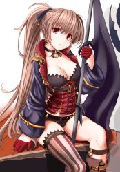 Rule 34 | 1girl, anchor earrings, asymmetrical footwear, azur lane, boots, breasts, brown hair, corset, earrings, flag, gloves, gold bracelet, gold choker, half gloves, head tilt, highres, jacket, jean bart (azur lane), jewelry, knck, knee boots, long hair, looking at viewer, medium breasts, ponytail, red eyes, short shorts, shorts, single knee boot, single thighhigh, sitting, solo, striped clothes, striped thighhighs, thighhighs, thighs, uneven footwear, vertical-striped clothes, vertical-striped thighhighs