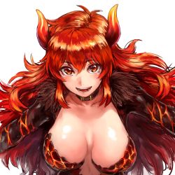 Rule 34 | 1girl, :d, belt collar, big hair, blush, breasts, breasts apart, collar, dola (nijisanji), hair between eyes, horns, large breasts, long hair, looking at viewer, nijisanji, open mouth, red eyes, red hair, shu-mai, simple background, smile, solo, upper body, virtual youtuber, white background