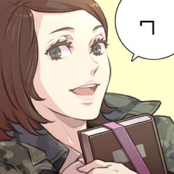 Rule 34 | 1girl, book, brown hair, camouflage, camouflage jacket, facing viewer, female focus, grey eyes, jacket, looking at viewer, lowres, metal gear (series), metal gear solid 3: snake eater, para-medic (mgs3), portrait, simple background, smile, solo, speech bubble, yellow background