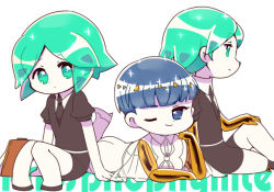 Rule 34 | 3others, androgynous, blue eyes, blue hair, blunt bangs, character name, chibi, chiyoko (oman1229), crystal hair, gem uniform (houseki no kuni), golden arms, green eyes, green hair, head rest, houseki no kuni, looking at viewer, lying, multiple others, multiple persona, necktie, on stomach, one eye closed, phosphophyllite, phosphophyllite (ll), short hair, sitting, smile, spoilers, white background