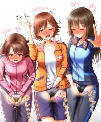 Rule 34 | 3girls, apotea, arm up, between legs, black panties, black pants, blue jacket, blue shorts, blush, breasts, brown eyes, brown hair, closed eyes, collarbone, embarrassed, female focus, gluteal fold, grey panties, half-closed eye, half-closed eyes, hand beneath clothes, hand between legs, hand in pocket, hands together, have to pee, heavy breathing, highres, honda mio, idolmaster, idolmaster cinderella girls, jacket, japanese text, jewelry, lace, lace-trimmed panties, lace trim, legs together, long hair, long sleeves, looking at viewer, matching hair/eyes, medium breasts, multiple girls, necklace, nose blush, one eye closed, open mouth, orange jacket, outstretched arm, panties, pants, peeing, peeing self, pink jacket, shibuya rin, shimamura uzuki, shirt, short hair, shorts, simple background, speech bubble, standing, star (symbol), sweat, tears, teeth, text focus, translation request, trembling, underwear, wet, wet clothes, wet panties, white background, white panties, white shirt, x-ray, yellow eyes, zipper, zipper pull tab