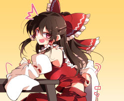 Rule 34 | 1girl, ^^^, bare shoulders, black hair, blush, bow, breast rest, breasts, breasts on table, commentary request, detached sleeves, frilled bow, frilled hair tubes, frills, hair between eyes, hair bow, hair tubes, hakurei reimu, highres, ichimura kanata, large breasts, leaning forward, long hair, long sleeves, looking at viewer, looking back, motion lines, nontraditional miko, notice lines, open mouth, red bow, red eyes, red vest, simple background, sitting, solo, surprised, sweatdrop, touhou, upper body, vest, wide sleeves, yellow background