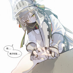 Rule 34 | 1girl, arknights, armor, barefoot, breasts, brown cape, brown hair, brown skirt, cape, chinese text, commentary, eyelashes, fartooth (arknights), feet, foot out of frame, gauntlets, greaves, green ribbon, grey background, hands on feet, hao guangze yu, helmet, highres, knee up, leaning forward, long hair, long sleeves, looking down, miniskirt, multicolored ribbon, red ribbon, ribbon, shadow, sidelocks, sitting, skirt, small breasts, soles, solo, speech bubble, spread toes, thighs, toenails, toes, translation request, yellow eyes, yellow ribbon