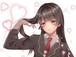 Rule 34 | 1girl, black eyes, black hair, hand up, heart, long sleeves, looking at viewer, protagonist 2 (housamo), necktie, red neckwear, simple background, tokyo houkago summoners, wan xue, white background