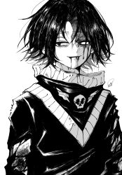 Rule 34 | 1boy, blood, blood from mouth, blood on face, commentary request, feitan portor, highres, hunter x hunter, injury, male focus, monochrome, ppox, short hair, simple background, smile, solo, torn clothes, white background