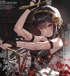 1girl absurdres bare_shoulders black_dress black_gloves black_hair blood dagger dress gloves gold_hairband hairband highres holding holding_dagger holding_knife holding_weapon hui_zhong_zhi_meng knife red_eyes sidelocks sleeveless sleeveless_dress solo spy_x_family stiletto_(weapon) upper_body weapon yor_briar