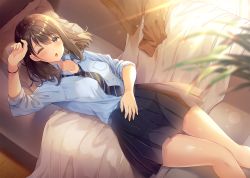 Rule 34 | 1girl, arm up, armband, bed, blue shirt, blush, breasts, brown hair, chestnut mouth, closed mouth, collarbone, collared shirt, commentary request, hair between eyes, leaf, light rays, long sleeves, looking at viewer, lying, medium hair, necktie, noda shuha, on back, on bed, one eye closed, open mouth, original, pillow, red necktie, school uniform, shirt, skirt, sleeves rolled up, solo, sunlight, sweater, thighs