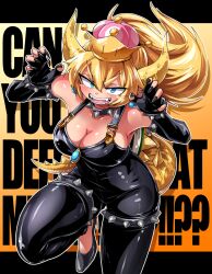 Rule 34 | 1girl, armlet, bare shoulders, black gloves, black nails, black overalls, blonde hair, blue eyes, blush, bowsette, bracelet, breasts, cleavage, collar, commentary request, crown, elbow gloves, english text, fingerless gloves, fingernails, foot out of frame, gloves, hair between eyes, horns, jewelry, large breasts, letterboxed, long hair, looking at viewer, mario (series), medium bangs, new super mario bros. u deluxe, nintendo, open mouth, outline, overalls, pointy ears, shimizu pem, smile, solo, spiked armlet, spiked bracelet, spiked collar, spiked shell, spiked tail, spikes, super crown, tail, turtle shell, v-shaped eyebrows, white outline, yellow horns