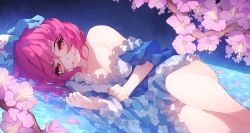Rule 34 | 1girl, biting hair, blue kimono, breasts, cherry blossoms, chiroru (cheese-roll), cleavage, cloud print, flower, grin, hat, highres, japanese clothes, kimono, large breasts, looking at viewer, lying, lying on water, mob cap, off shoulder, on side, pink hair, red eyes, saigyouji yuyuko, short hair, sky, smile, star (sky), starry sky, touhou, triangular headpiece, wet, wet clothes