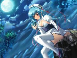 Rule 34 | 00s, 1girl, blue hair, breasts, chouun, cleavage, game cg, hat, jpeg artifacts, koihime musou, large breasts, moon, night, night sky, red eyes, sitting, sky, solo, tabi, thighhighs, white thighhighs