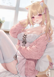 Rule 34 | 1girl, ahoge, animal ear fluff, animal ears, blonde hair, blush, breasts, cardigan, cat ears, cat girl, cat tail, cleavage, commission, dress, hair ornament, heart, heart-shaped pupils, heart ahoge, highres, indie virtual youtuber, large breasts, long hair, looking at viewer, me meel, nekoma karin, pink cardigan, red eyes, ribbon, skeb commission, smile, solo, symbol-shaped pupils, tail, tail ornament, tail ribbon, thighhighs, virtual youtuber, white dress, white thighhighs, wing hair ornament