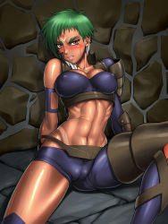 Rule 34 | .hack//, .hack//roots, 00s, 1girl, abs, against wall, armor, bandai, bang-you, blush, breasts, cameltoe, cleavage, cleft of venus, clenched teeth, covered erect nipples, cyber connect 2, dark-skinned female, dark skin, earrings, ender, ender (.hack//), facial mark, forehead mark, green hair, jewelry, large breasts, lipstick, makeup, midriff, multicolored hair, muscular, namco, navel, orange eyes, ribs, shiny clothes, shiny skin, short hair, sitting, solo, spread legs, sweat, tan, tanline, teeth, toned, two-tone hair, white hair