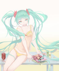 Rule 34 | 1girl, arm support, bad id, bad pixiv id, camisole, can, drink can, elk (felix1412), green eyes, green hair, hatsune miku, long hair, magazine (object), matching hair/eyes, open mouth, panties, sitting, soda can, solo, strap slip, table, twintails, underwear, underwear only, very long hair, vocaloid