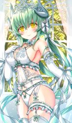 Rule 34 | 1girl, bare shoulders, blush, bow, bra, breasts, cleavage, closed mouth, commentary request, cowboy shot, elbow gloves, fate/grand order, fate (series), garter belt, gloves, green hair, hair between eyes, hair bow, hair ornament, hand up, highres, horns, indoors, kiyohime (fate), large breasts, lingerie, long hair, looking at viewer, medium breasts, morizono shiki, panties, panties over garter belt, ribbon, smile, solo, thighhighs, twintails, underwear, very long hair, white bow, white bra, white gloves, white panties, white ribbon, white thighhighs, window, yellow eyes