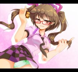 Rule 34 | 1girl, bad id, bad pixiv id, bespectacled, black eyes, blush, breasts, brown eyes, brown hair, cameltoe, cellphone, checkered clothes, checkered skirt, female focus, glasses, green panties, hat, himekaidou hatate, letterboxed, necktie, panties, pantyshot, phone, plaid, plaid skirt, pointy ears, red-framed eyewear, skirt, small breasts, smile, solo, tama home, tokin hat, touhou, twintails, underwear, upskirt