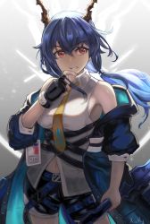 Rule 34 | 1girl, arknights, black gloves, blue coat, blue hair, blue shorts, breasts, ch&#039;en (arknights), clenched teeth, coat, collared shirt, commentary, cowboy shot, dragon horns, fingerless gloves, floating hair, gloves, great lungmen logo, grey background, hair between eyes, highres, holding, holding sword, holding weapon, hood, hooded coat, horns, id card, long hair, looking at viewer, looking to the side, medium breasts, midriff, navel, necktie, off shoulder, open clothes, open coat, patterned background, red eyes, reverse grip, shirt, short shorts, shorts, sidelocks, signature, single glove, sleeveless, sleeveless shirt, solo, standing, strap, sword, teeth, twintails, weapon, white shirt, wing collar, xary, yellow necktie