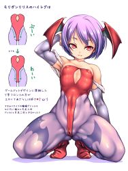 Rule 34 | 1girl, breasts, cameltoe, capcom, chabo (fuketsudan), covered erect nipples, highres, japanese text, leotard, lilith aensland, pantyhose, presenting, purple hair, red eyes, small breasts, spread legs, squatting, vampire (game), wedgie