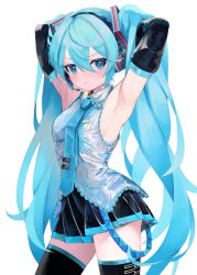 Rule 34 | 1girl, aqua eyes, aqua hair, aqua necktie, armpits, arms behind head, arms up, bare arms, bare shoulders, black skirt, black thighhighs, blue necktie, blush, breasts, closed mouth, collared shirt, commentary, cowboy shot, detached sleeves, furrowed brow, grey shirt, hair between eyes, hair ornament, hands in own hair, hatsune miku, headphones, headset, highres, lace, lace-trimmed shirt, lace trim, long hair, looking at viewer, miniskirt, necktie, pleated skirt, pout, shiny clothes, shirt, sideboob, simple background, skirt, sleeveless, sleeveless shirt, small breasts, solo, standing, takepon1123, thighhighs, thighs, twintails, very long hair, vocaloid, white background, zettai ryouiki