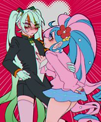 Rule 34 | 2girls, black shirt, black shorts, blue eyes, blue hair, blue skirt, blush, closed mouth, commentary request, constricted pupils, cowboy shot, creatures (company), fairy miku (project voltage), fighting miku (project voltage), fingernails, frown, game freak, gloves, grey gloves, grey hair, grey thighhighs, hair between eyes, hatsune miku, heart, heart background, highres, long bangs, long hair, looking at another, multicolored hair, multiple girls, necktie, nintendo, nose blush, open mouth, pink hair, pink nails, pokemon, project voltage, red background, s2 (stwo), shirt, shorts, skirt, thighhighs, twintails, vocaloid, white necktie, yellow eyes