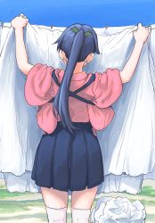Rule 34 | 1girl, blue hakama, clothesline, day, drying, drying clothes, from behind, hair ribbon, hakama, hakama short skirt, hakama skirt, highres, houshou (kancolle), japanese clothes, kantai collection, laundry, laundry basket, laundry pole, long hair, outdoors, ponytail, ribbon, skirt, sky, solo, thighhighs, vent arbre, white thighhighs