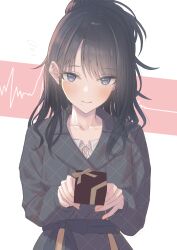 Rule 34 | 1girl, absurdres, black dress, black hair, blush, box, checkered clothes, checkered dress, commentary, dress, flying sweatdrops, gift, gift box, heart rate graph, highres, holding, holding gift, idolmaster, idolmaster shiny colors, kazano hiori, long hair, looking at viewer, mole, mole under mouth, ponytail, purple eyes, simple background, smile, solo, symbol-only commentary, umirororo, upper body