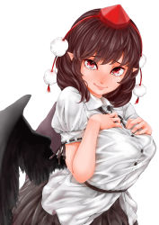 Rule 34 | 1girl, belt, black ribbon, black skirt, black wings, blouse, blush, breast suppress, breasts, brown hair, buttons, hands on own chest, hat, highres, large breasts, looking at viewer, omizu chihiro, pointy ears, pom pom (clothes), puffy short sleeves, puffy sleeves, red eyes, ribbon, ribbon-trimmed sleeves, ribbon trim, shameimaru aya, shirt, short sleeves, skirt, smile, solo, tokin hat, touhou, upper body, white shirt, wings