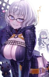 Rule 34 | 1boy, 1girl, absurdres, belt, black dress, black jacket, blue eyes, breasts, cleavage, cropped jacket, dress, dual persona, fate/grand order, fate/grand order arcade, fate (series), glasses, grey hair, grin, highres, hood, hooded jacket, jacket, jacques de molay (foreigner) (fate), jacques de molay (saber) (fate), lamb, large breasts, long sleeves, looking at viewer, open clothes, open jacket, sheep, short dress, short hair, smile, sword, thighs, translation request, weapon, yayoi maka