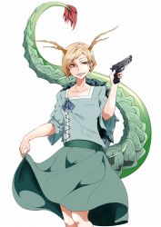 Rule 34 | 1girl, antlers, arm up, blonde hair, blouse, blue shirt, blue skirt, breasts, clothes lift, collarbone, commentary request, contrapposto, cowboy shot, cropped legs, dragon horns, dragon tail, earrings, gun, handgun, highres, holding, holding gun, holding weapon, horns, jewelry, kicchou yachie, lifted by self, looking at viewer, miniskirt, pistol, potato pot, red eyes, sharp teeth, shirt, short hair, simple background, skirt, skirt lift, small breasts, sneer, solo, standing, swept bangs, tail, teeth, touhou, trigger discipline, turtle shell, weapon, white background