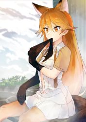 Rule 34 | 10s, 1girl, animal ears, black gloves, blonde hair, breast pocket, brown eyes, brown necktie, collared shirt, elbow gloves, extra ears, ezo red fox (kemono friends), fox ears, fox tail, gloves, hair between eyes, hair flaps, highres, kemono friends, long hair, mouth hold, necktie, open clothes, open shirt, pantyhose, plant, pleated skirt, pocket, sasakure sasaru, shirt, short sleeves, sitting, skirt, solo, steam, tail, undone necktie, undressing, very long hair, white shirt, white skirt, wing collar