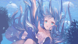 Rule 34 | 1girl, :o, blue eyes, blue hair, bow, bubble, collarbone, copyright request, dress, flower, flower necklace, hair bow, highres, jellyfish, jewelry, long hair, necklace, off-shoulder dress, off shoulder, ritsuki, sinking, solo, underwater, virtual youtuber, water