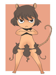 Rule 34 | 1girl, animal ears, chibi, covering crotch, covering privates, crossed arms, female focus, frown, mouse (animal), mouse ears, mouse tail, navel, nazrin, nude, onikobe rin, orange background, outside border, simple background, solo, tail, touhou