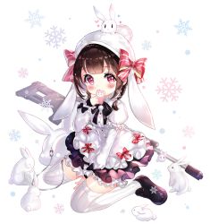 Rule 34 | 1girl, animal, animal bag, animal ears, animal hat, animal on head, anti-materiel rifle, beanie, black footwear, black skirt, blush, bow, braid, brown hair, closed mouth, commentary, dress, ears down, girls&#039; frontline, gun, hat, hat bow, holding, layered sleeves, long sleeves, looking at viewer, low twintails, m99 (girls&#039; frontline), m99 (rabbit squad) (girls&#039; frontline), name connection, narae, object namesake, official alternate costume, on head, puffy short sleeves, puffy sleeves, purple eyes, rabbit, rabbit bag, rabbit ears, rabbit hat, rabbit on head, red bow, ribbed legwear, rifle, shoes, short over long sleeves, short sleeves, sitting, skirt, sleeves past wrists, sniper rifle, snowflake background, solo, striped bow, striped clothes, striped thighhighs, thighhighs, twin braids, twintails, vertical-striped clothes, vertical-striped thighhighs, wariza, weapon, white background, white dress, white hat, white thighhighs, zijiang m99