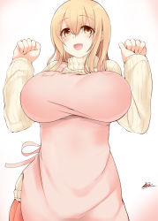 Rule 34 | 10s, 1girl, :d, apron, breasts, brown eyes, brown hair, huge breasts, long hair, looking at viewer, murasame nohito, open mouth, ribbed sweater, smile, solo, sunohara ayaka, sunoharasou no kanrinin-san, sweater, turtleneck