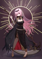 Rule 34 | 1girl, absurdres, belt, black cloak, black nails, breasts, brown thighhighs, cleavage, cloak, closed mouth, fingernails, high heels, highres, holding, holding scythe, holding weapon, hololive, hololive english, icetea774, light particles, long fingernails, long hair, looking at viewer, mori calliope, nail polish, pink hair, purple eyes, scythe, see-through, single thighhigh, smile, solo, spikes, standing, tassel, thighhighs, tiara, torn cloak, torn clothes, veil, very long hair, virtual youtuber, weapon
