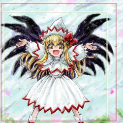 Rule 34 | 1girl, blonde hair, fang, female focus, hat, lily white, nanashii (soregasisan), outstretched arms, smile, solo, spread arms, touhou, wings, yellow eyes