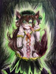 Rule 34 | 1girl, animal ears, brown hair, crying, green eyes, hands on own face, hat, looking at viewer, original, sententia (senhariko), solo, tail, tongue