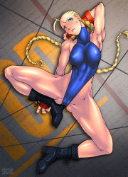 Rule 34 | 1girl, abs, absurdres, antenna hair, armpits, arms up, bare shoulders, blonde hair, blue eyes, blush, boots, braid, breasts, cameltoe, cammy white, capcom, feet, highres, legs, leotard, long hair, looking at viewer, lying, muscular, qkat (arikawa-dou), smile, solo, spread legs, street fighter, thighs, toned, twin braids