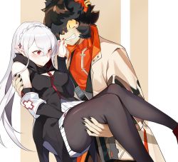 Rule 34 | 1boy, 1girl, aak (arknights), absurdres, arknights, armband, bare shoulders, black gloves, black hair, black nails, black pantyhose, black shirt, braid, breasts, carrying, clearhand, clenched teeth, coat, crown braid, elbow gloves, feet out of frame, furry, furry male, gloves, highres, huge filesize, long hair, medium breasts, nail polish, open clothes, open coat, pantyhose, parted lips, pointy ears, princess carry, red eyes, shirt, silver hair, sleeveless, sleeveless shirt, teeth, thighs, warfarin (arknights)